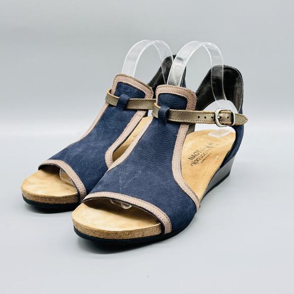 Naot Sandals Womens 9 Blue Leather Fiona Wedge Slingback T Strap Adjustable Cork - Picture 4 of 10